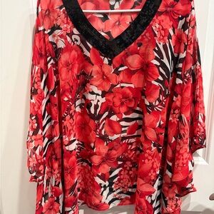 Susan Graver Red Floral Blouse with Black Trim